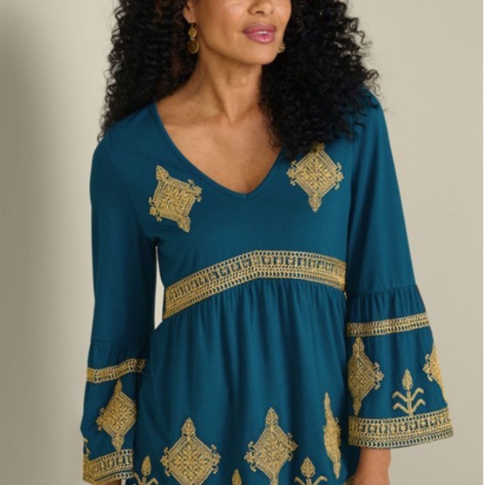 Soft Surrounding Relax Top Turquoise Gold Embroidered Entertaining - Picture 2 of 11